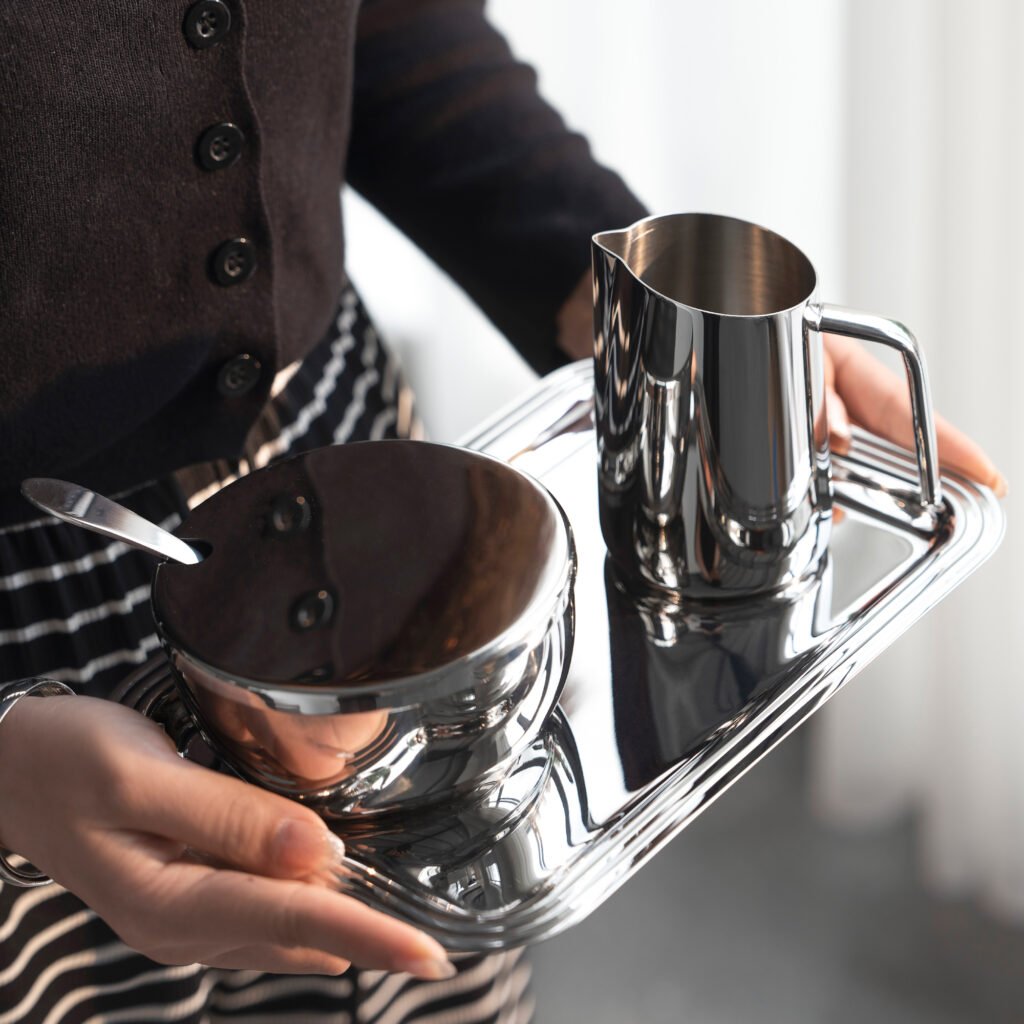 149 6 1 Cream Sugar Set for Luxury Coffee Service, Elegant Mirror Polished Stainless Steel Milk Pitcher and Sugar Bowl.