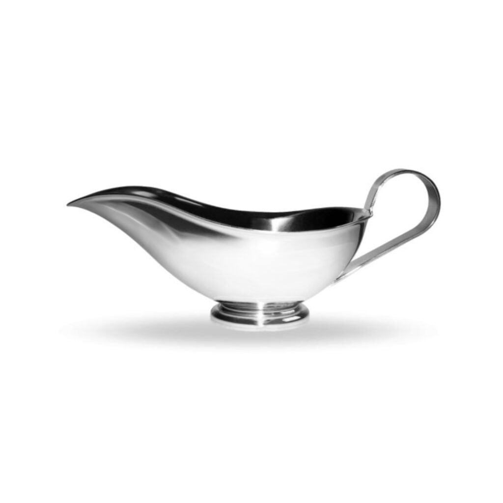 153 1 1 Steel Sauce Boat for Formal Dining, Luxury Mirror Polished Gravy Pitcher with Designer Geometric Handle.