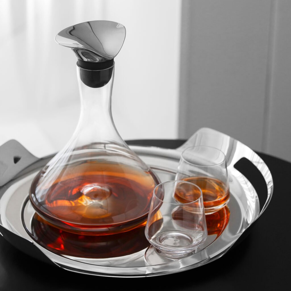 155 1 1 Mirror Tray Decanter Set, Luxury Organic Fluid Stainless Steel Serving Tray with Glass Wine Aerator.