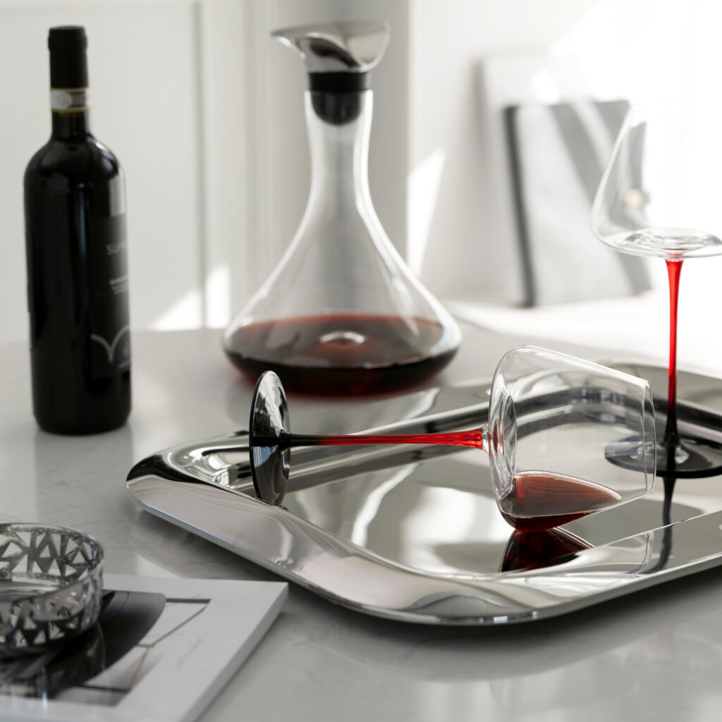 155 6 1 Mirror Tray Decanter Set, Luxury Organic Fluid Stainless Steel Serving Tray with Glass Wine Aerator.
