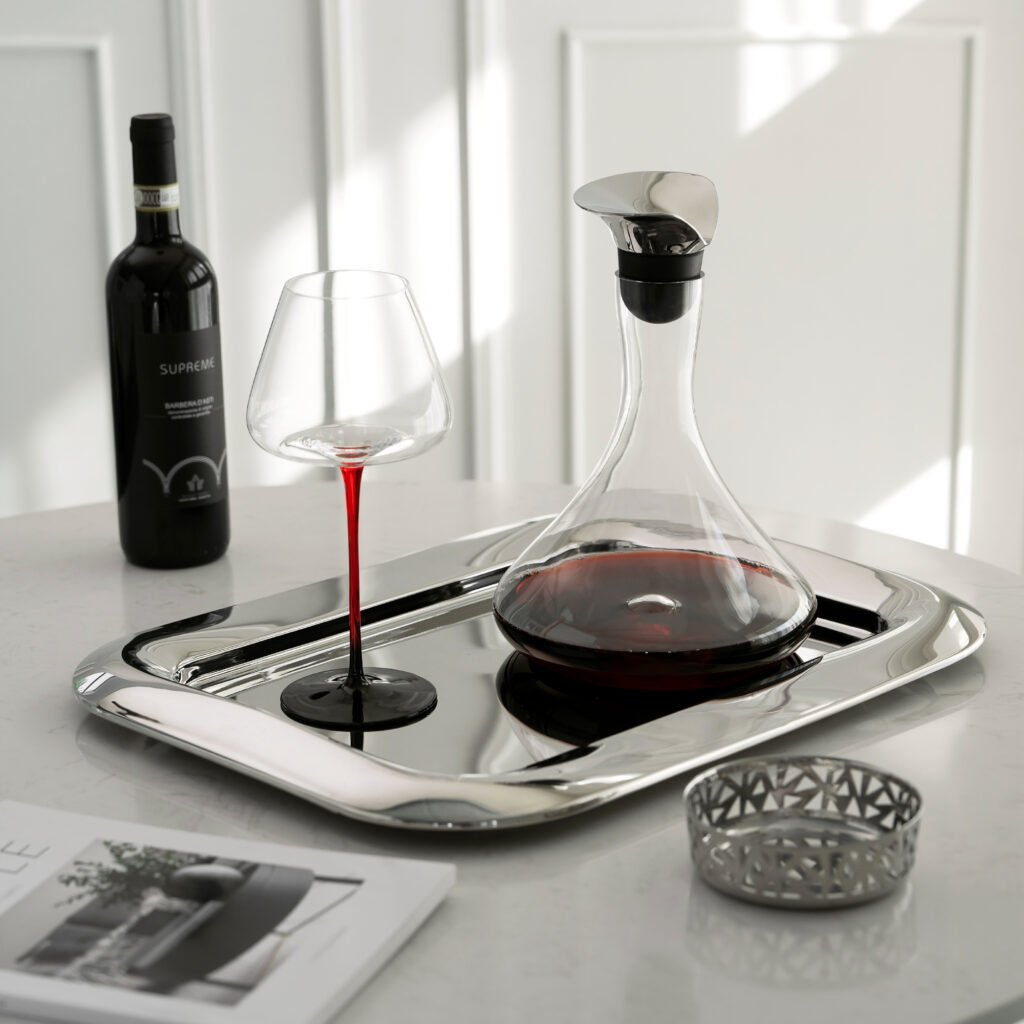155 7 1 Mirror Tray Decanter Set, Luxury Organic Fluid Stainless Steel Serving Tray with Glass Wine Aerator.