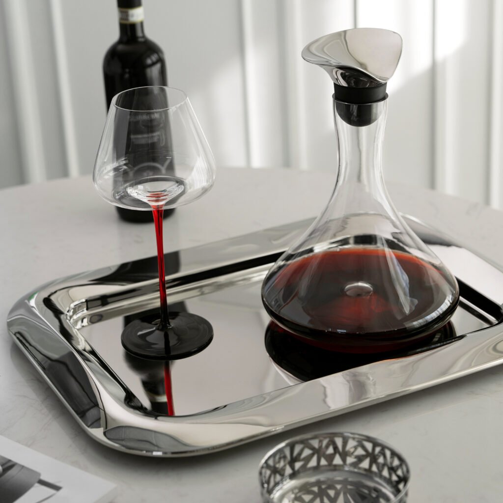 155 8 1 Mirror Tray Decanter Set, Luxury Organic Fluid Stainless Steel Serving Tray with Glass Wine Aerator.