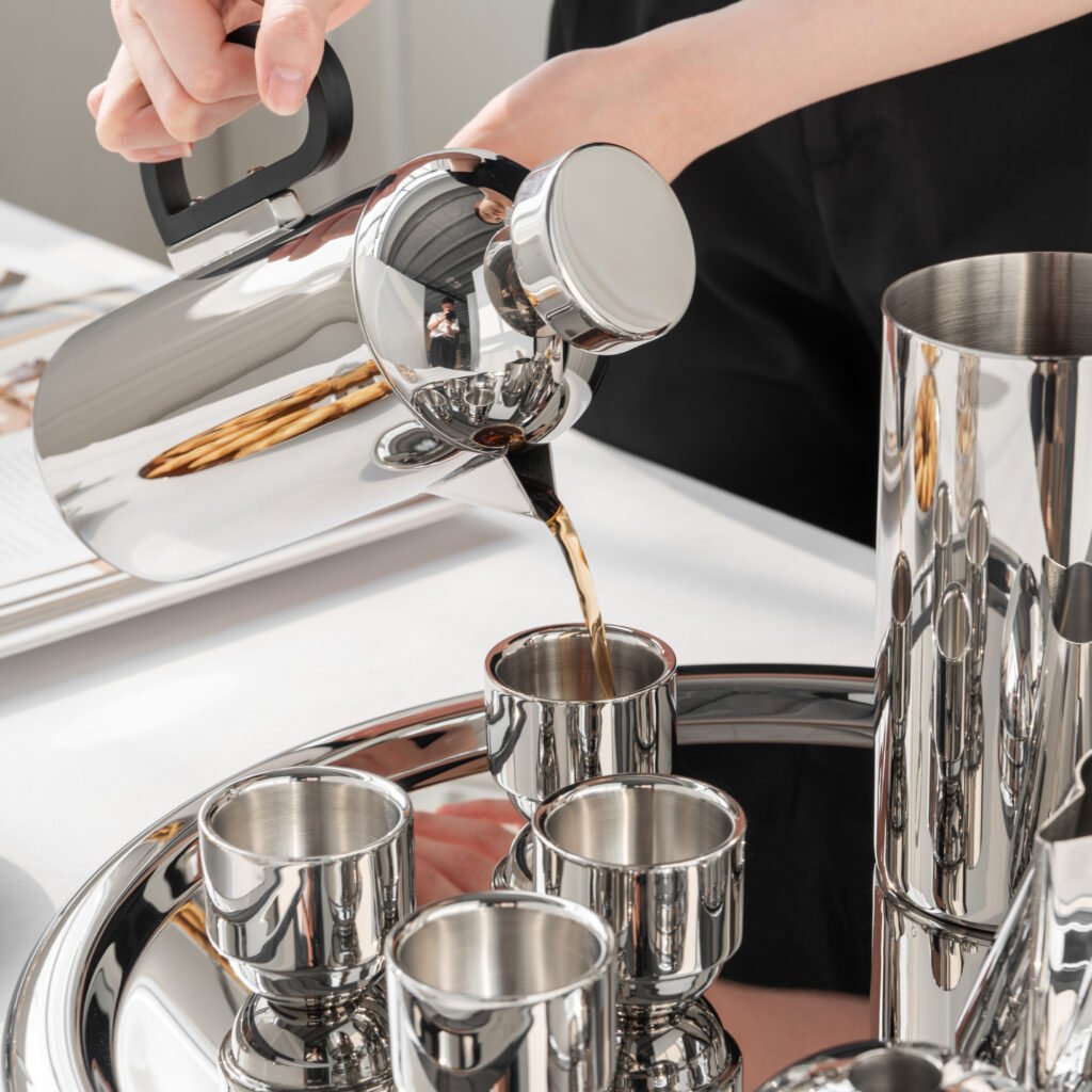 34 4 1 Steel Coffee Set for Modern Office, Luxury Mirror Polished Stainless Steel Coffee Pot and Server Collection.