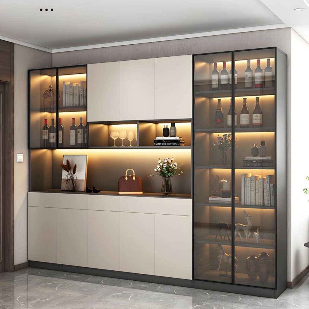 A modern Handleless Glass Display Showcase in light grey, showcasing a Minimalist Seamless Exhibition Hub with 200cm height, rebound drawer design, 3C tempered glass doors, and integrated LED shelf lighting.