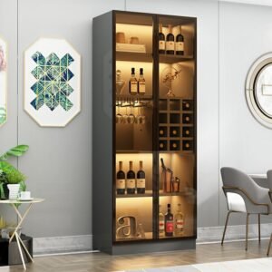 Flooring Confined Self-supporting Accent Cabinet in Wood with Glass Door, Locker, 5 Shelvesand Culinary Equipment Storage for Drawing Room in a Modish Style