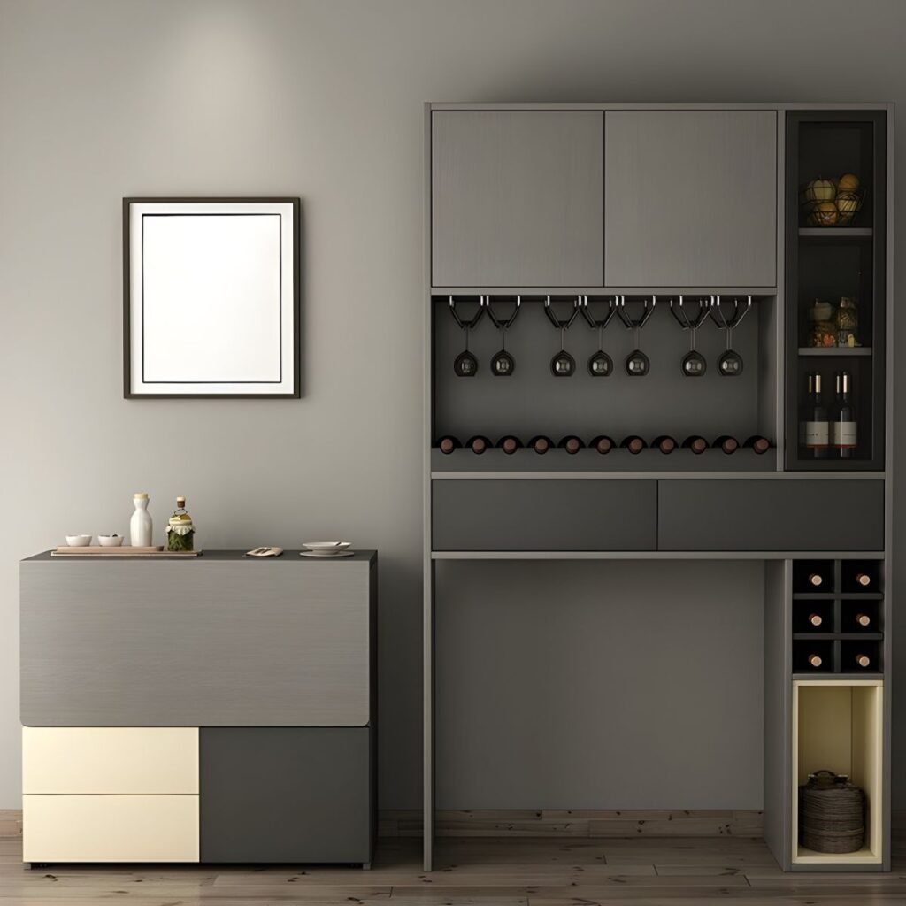 1200x1200 64 Modern Two-Tone Wine Cabinet Grey and White Wine Cabinet with 79" Height and Integrated Wine Rack for Chic Dining Spaces