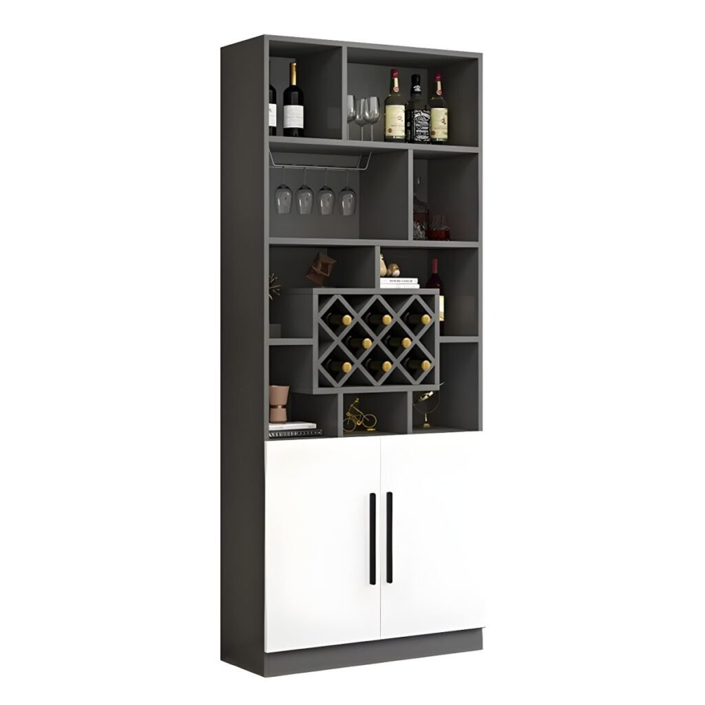 1200x1200 74 Elegant Half-Open Wine Showcase with 16-Grid Rack and 79" High Solid Door Storage for Sophisticated Home Bars