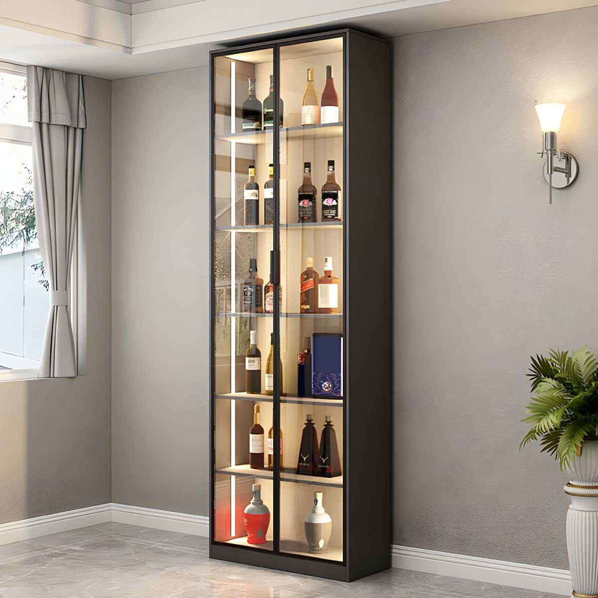 Art Deco Standard Accent Cabinet with 4 Cabinets, 6 Shelves, Glass-panel Door, and Lighting System - Image 2