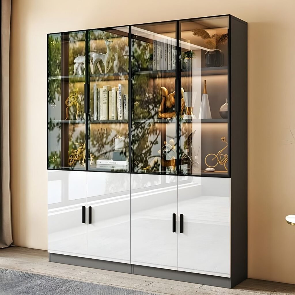 1200x1200 91 Exquisite Modern Bi-Color Glass Showcase with 94.5-Inch Grand Architectural Frame and Sophisticated Soft-Close Hinges