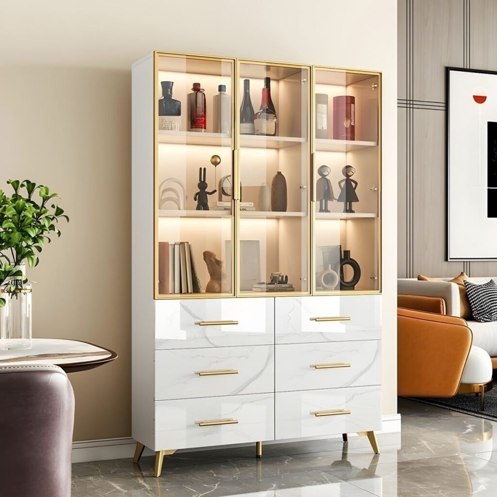 1200x1200 93 Elegant Modern Glass Curio Display Cabinet with Integrated LED and 71-Inch Sophisticated Drawer Storage for Elite Homes