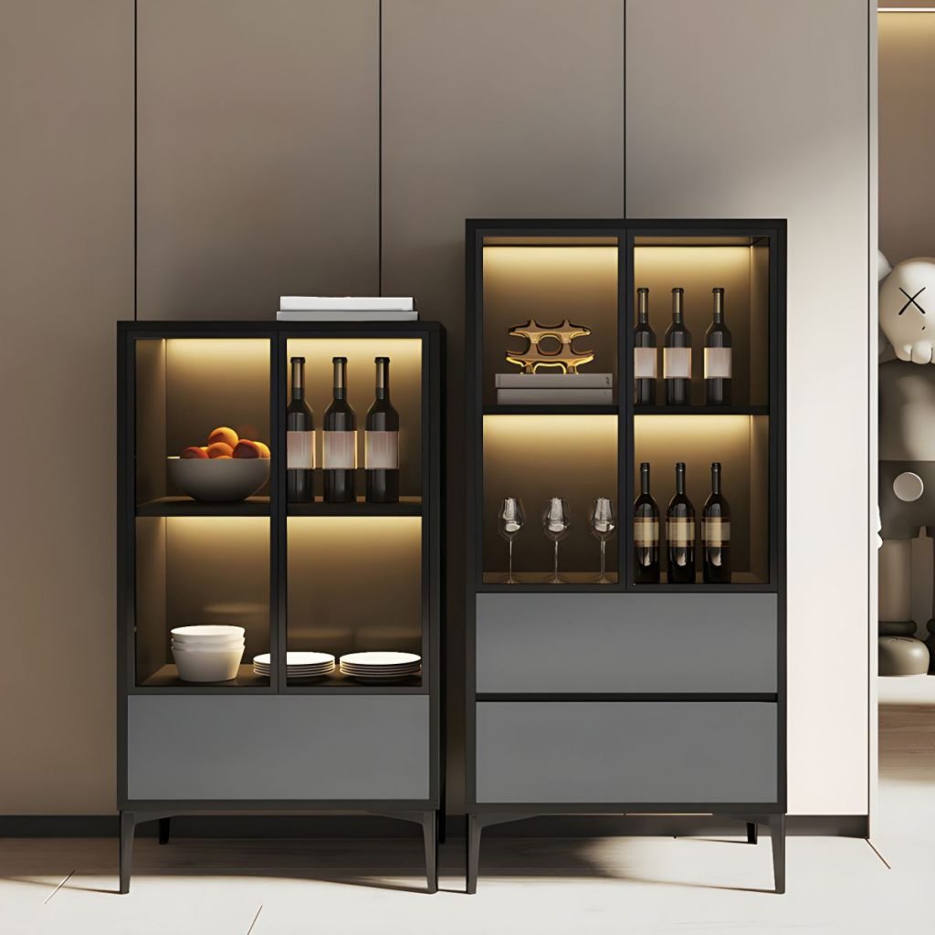 Elegant Mid-Height Wine Credenza in a modern grey finish, showcasing a Low-Profile Glass Showcase with internal LED lighting, tiered bottle storage, and a professional sleek sideboard structure.