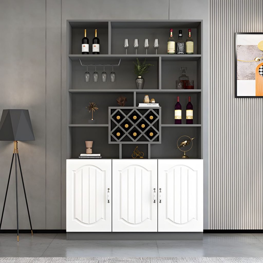 A tall, professional Half-Open Wine Showcase in a minimalist grey finish, featuring an upper Library-Style Wine Display with a 16-grid bottle rack and a lower solid door storage section for home bar organization.