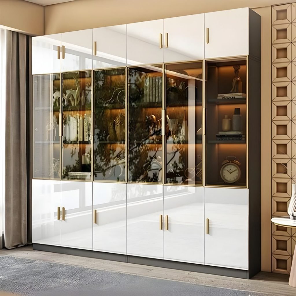 A majestic Modern Bi-Color Glass Showcase in deep grey and white, showcasing a Grand Architectural Exhibition Cabinet design with a height of 240cm, featuring central glass exhibition tiers and integrated LED lighting.