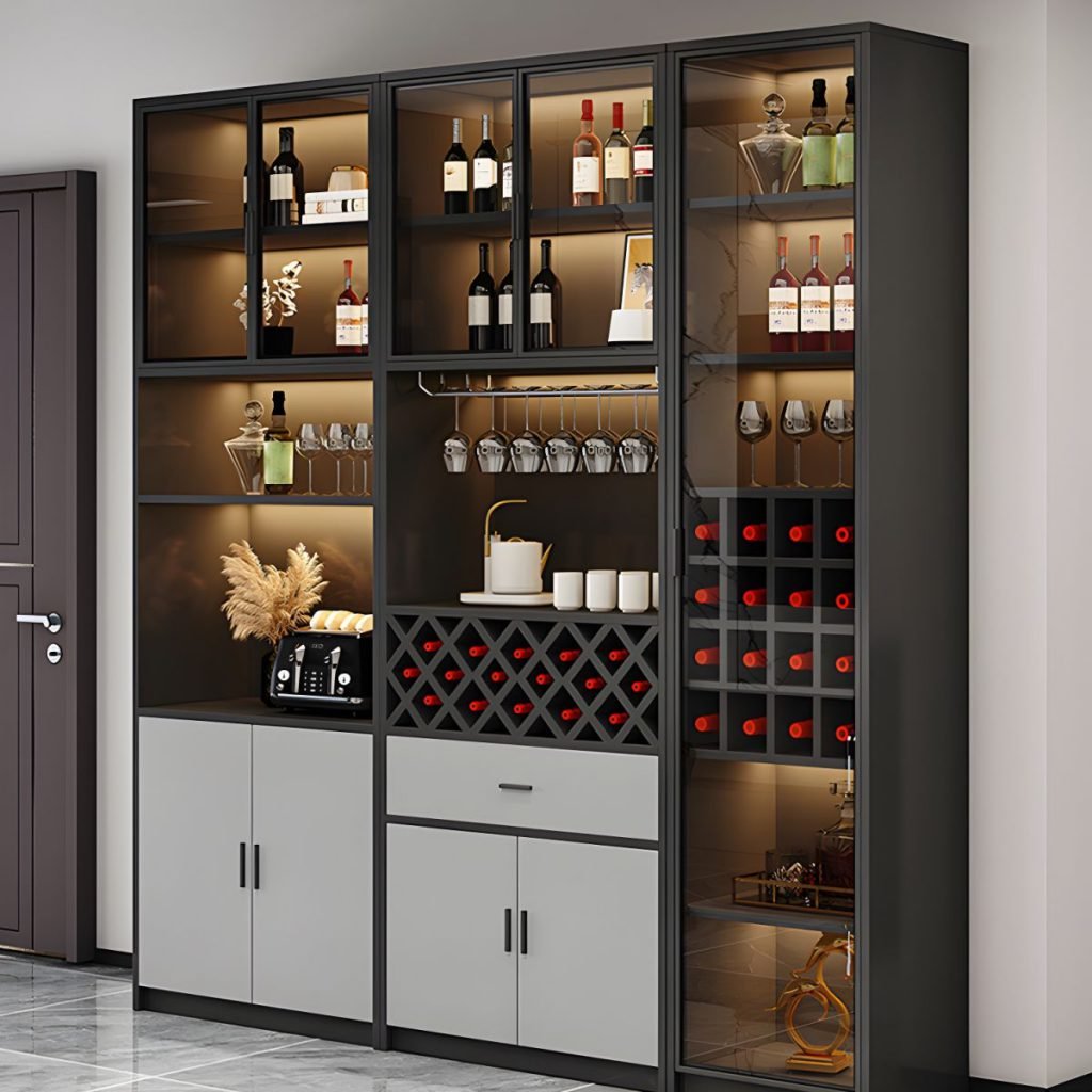High-end Mixed-Media Wine Cabinet in charcoal and dove grey, featuring a Professional Sommelier Hub layout with LED lighting, 3C glass display doors with elegant pull-handles, and professional wine grids.