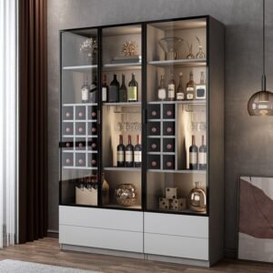 Midnight Black Slab Flooring Accent Cabinet with 2/4 Drawers, 4 Shelves, Wine Rack, and Lighting System