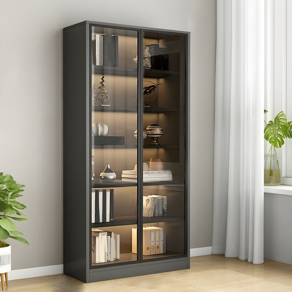 1200x12001 55 Wooden Design Modern Living Room Bookcase Library 1/6 Glass Doors And 2/5 Drawers Storage Cabinet With Lights Bookshelf
