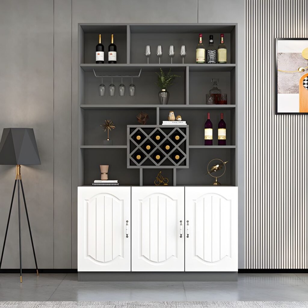1200x12001 73 Elegant Half-Open Wine Showcase with 16-Grid Rack and 79" High Solid Door Storage for Sophisticated Home Bars
