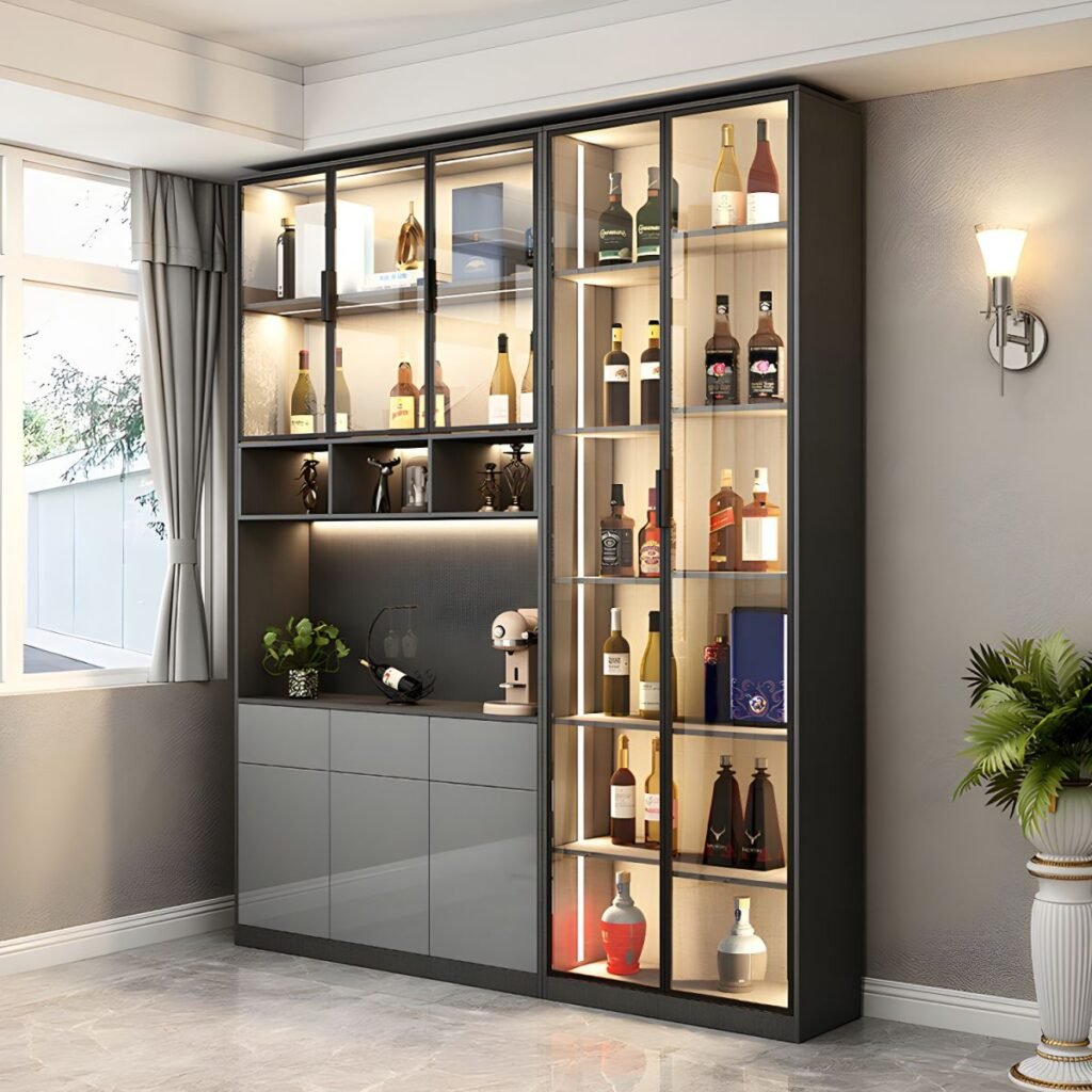 1200x12001 74 Art Deco Standard Accent Cabinet with 4 Cabinets, 6 Shelves, Glass-panel Door, and Lighting System