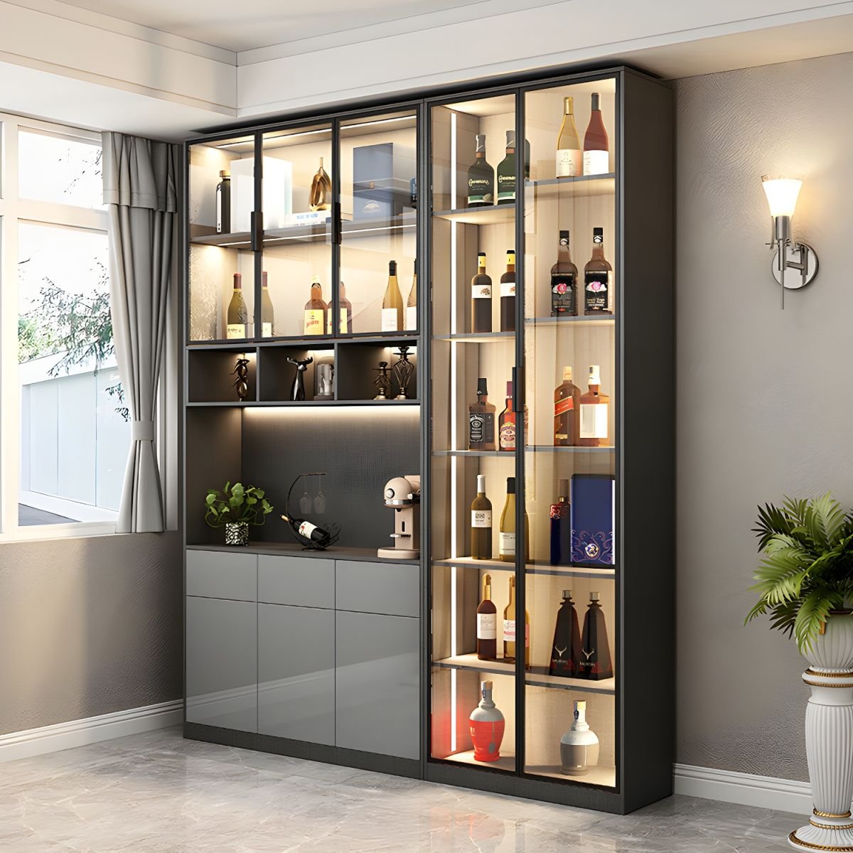 Art Deco Standard Accent Cabinet with 4 Cabinets, 6 Shelves, Glass-panel Door, and Lighting System - Image 3