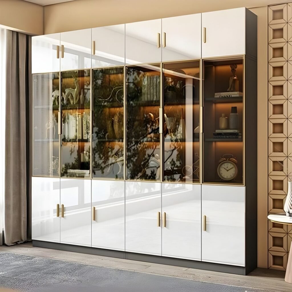 1200x12001 90 Exquisite Modern Bi-Color Glass Showcase with 94.5-Inch Grand Architectural Frame and Sophisticated Soft-Close Hinges