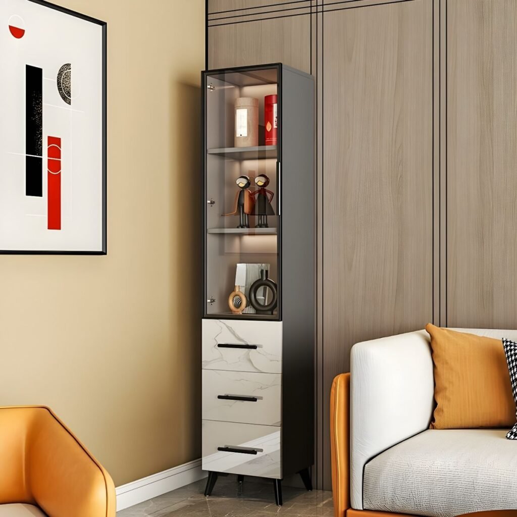 1200x12001 92 Elegant Modern Glass Curio Display Cabinet with Integrated LED and 71-Inch Sophisticated Drawer Storage for Elite Homes