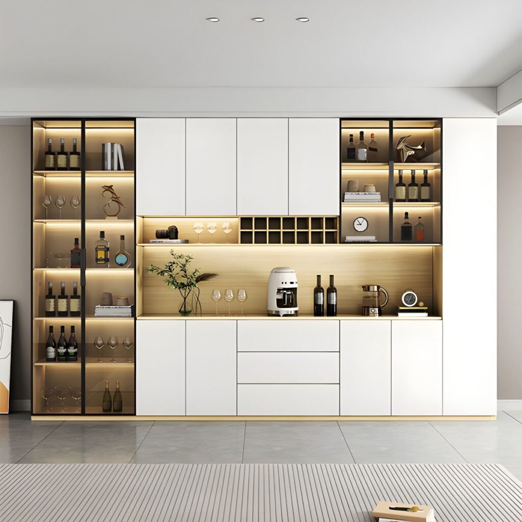 A tall Nature-Inspired White and Wood Wine Display Cabinet featuring a two-tone white and oak finish, 87-inch high Organic Luxury Storage Hub with LED-lit glass shelves, and premium base cabinets with pull-handles.