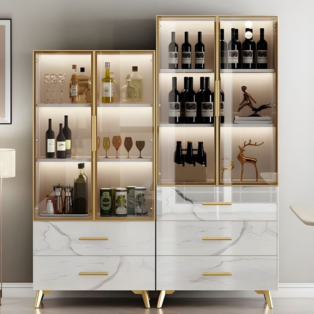 A bright Modern White Glass Display Cabinet featuring a Tiered Modular Exhibition Hub setup with 180cm height, 3C tempered glass doors, soft-close drawers, and integrated warm LED lighting.