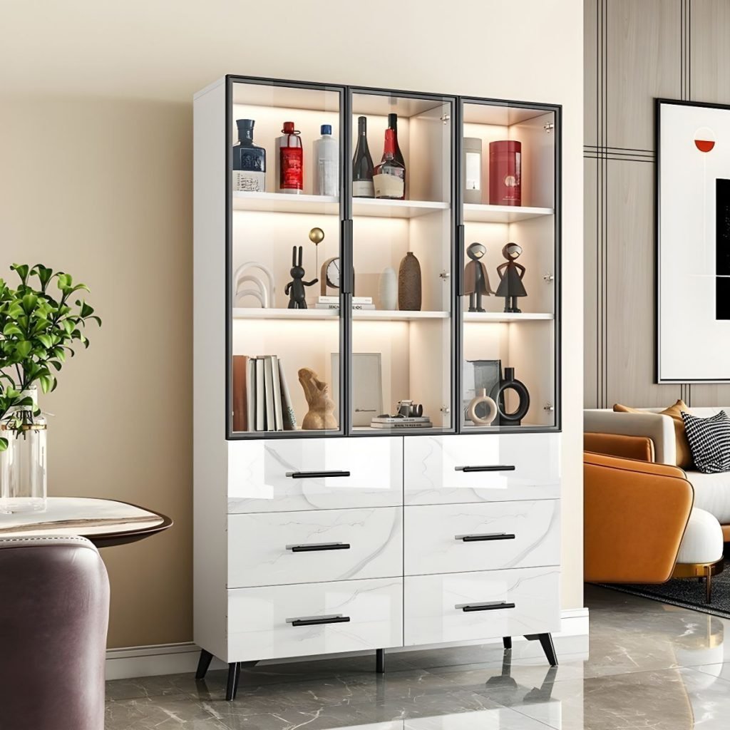 A sleek Modern Glass Curio Display Cabinet in white/grey finish, showcasing a Sophisticated Led Exhibition Showcase with 180cm height, full-length 3C tempered glass doors, and two lower soft-close drawers with integrated LED lighting.