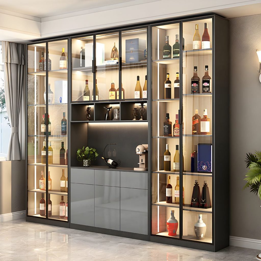 A tall Modern Glass Display Cabinet Accent Cabinet in a crisp grey finish, featuring an integrated LED-lit Minimalist Home Showcase with 3C tempered glass doors and seamless professional shelving.