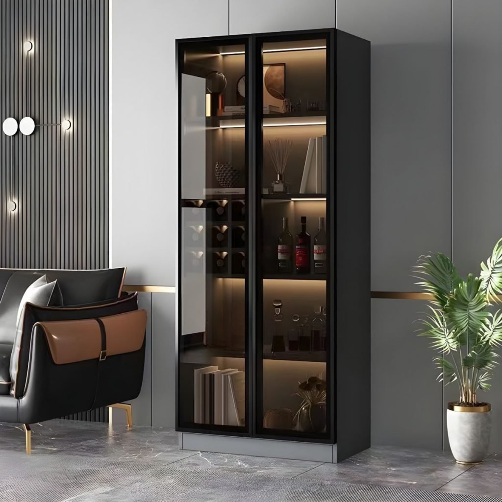 A grand Full-Height Wine Display Cabinet in charcoal grey, showcasing a Panoramic Glass Wine Wall with integrated wine grids, glass-hanging sections, and soft LED shelving under 3C ultra-HD glass.