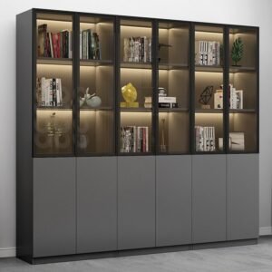 Bookcase with Glass Doors Living Room Library Storage Wooden Design Cabinet With Lights Bookshelf