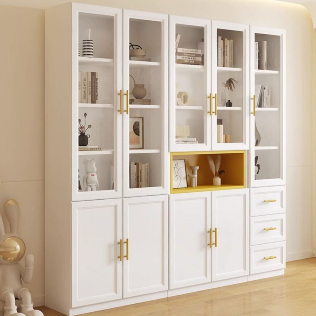 1200x12002 58 Embedded 1/6 Doors Wooden Modern Design 3 Drawers Storage Library Bookcase Living Room Cabinet With Lights Bookshelf