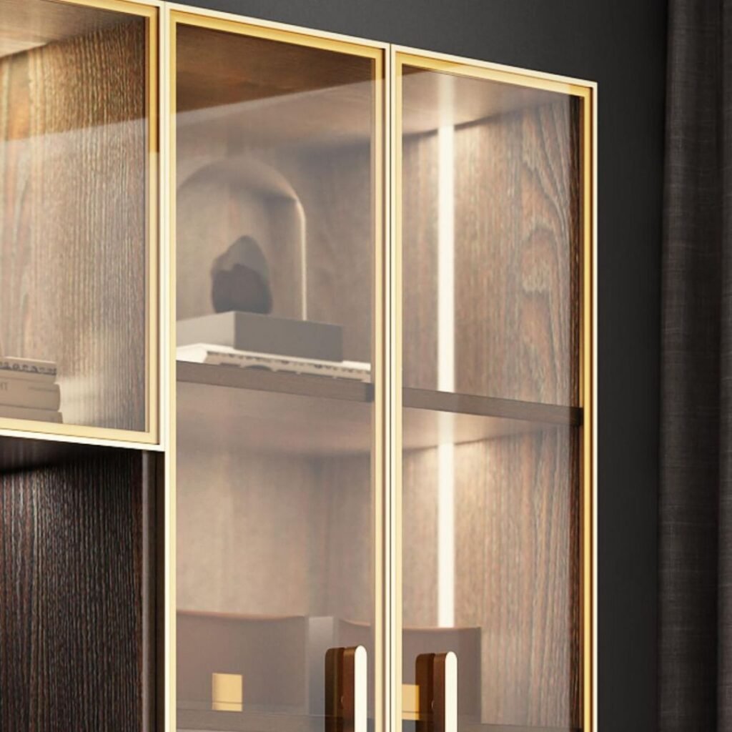 1200x12002 83 Exquisite Gold-Trimmed Art Deco Wine Showcase with Central Open Exhibition Area and 79" High Mid-Century Wood Grain Body