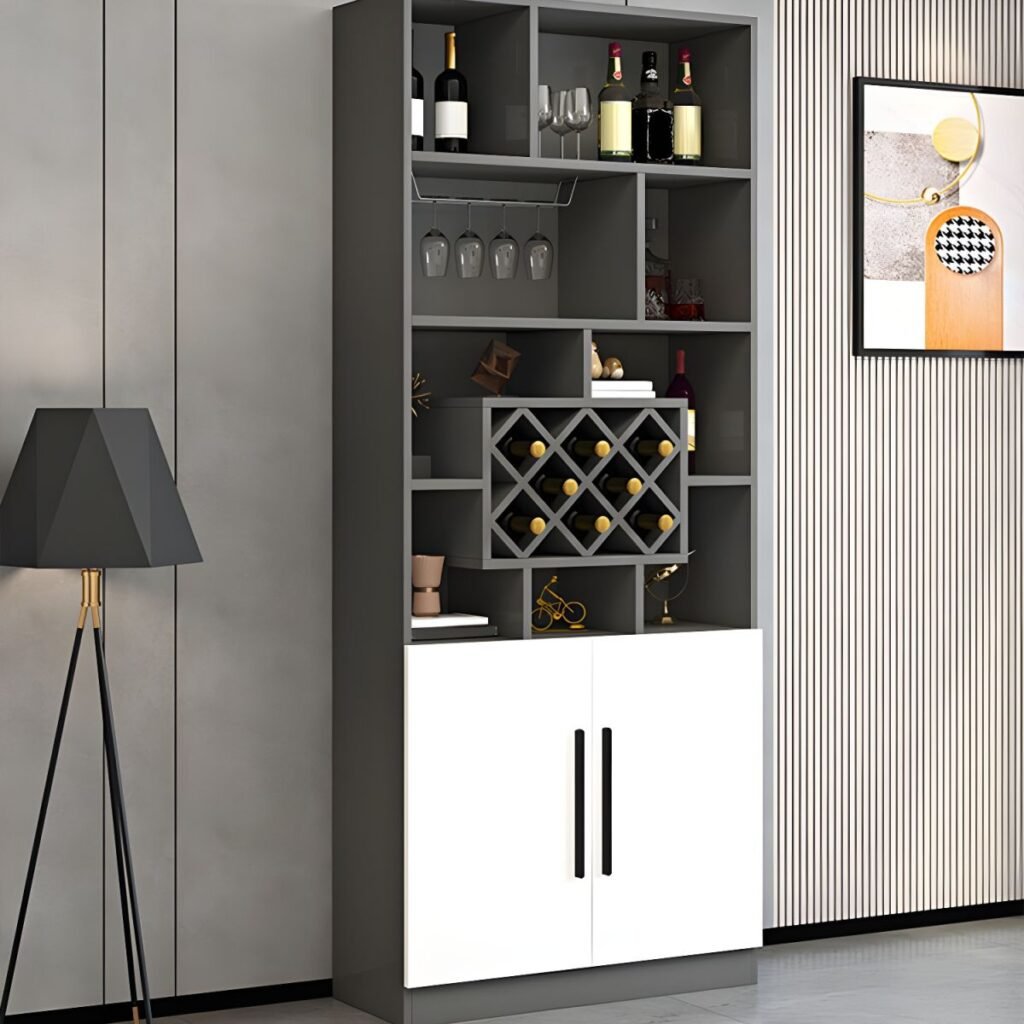Professional Open-Shelf Sommelier Cellar in grey and white two-tone finish, featuring a 79-inch high Modular Geometric Wine Wall with integrated bottle grids and lower storage doors with elegant pull-handles.