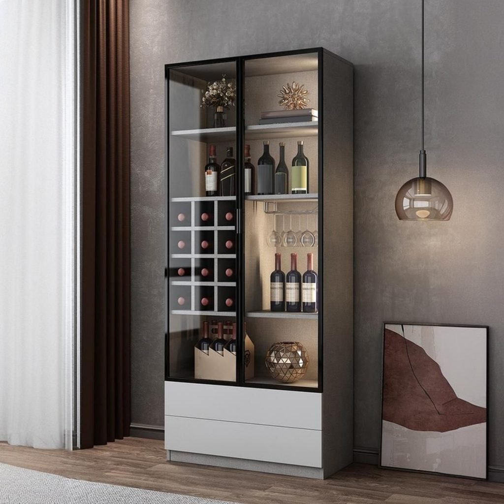 Elegant Wine Storage Gallery in two-tone grey, showing a large Customizable Wine Wall with integrated LED lighting, 3C tempered glass doors, and professional wine grids for high-end home bar storage.