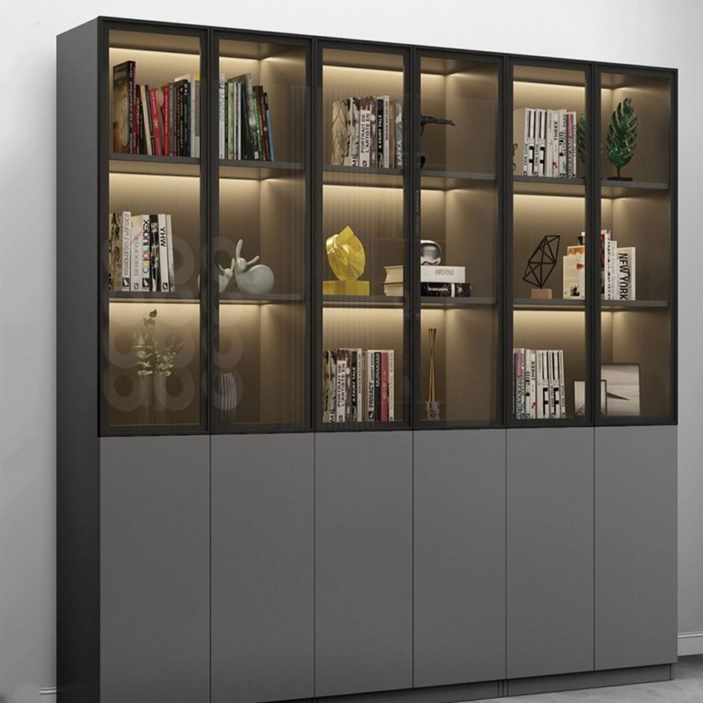 1200x12003 56 Bookcase with Glass Doors Living Room Library Storage Wooden Design Cabinet With Lights Bookshelf
