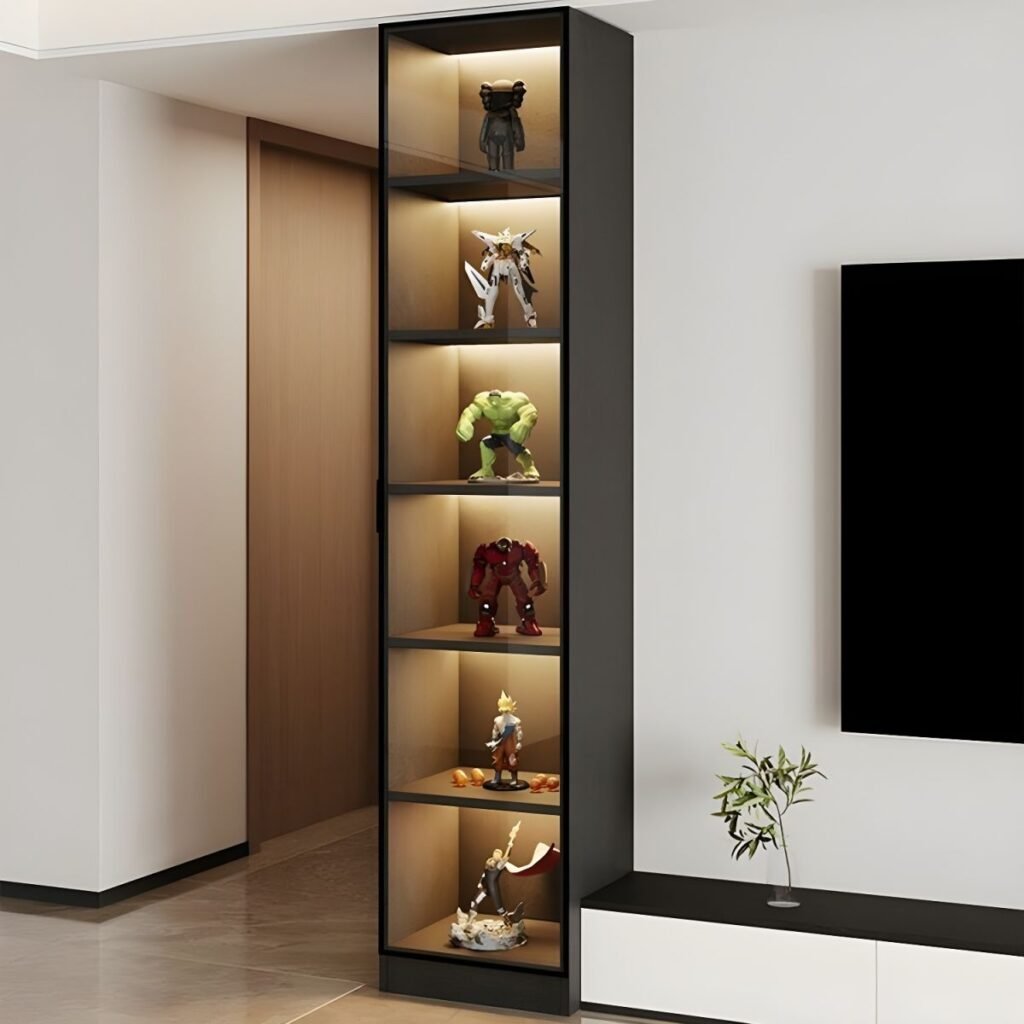 1200x12003 58 Sleek Narrow Action Figure Display Case with 8 Modular Configurations and Vibrant LED Illumination for Collectors