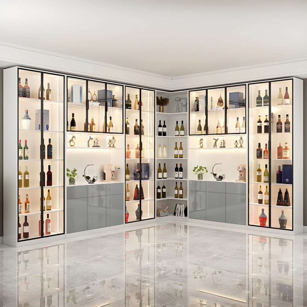 1200x12003 72 Art Deco Standard Accent Cabinet with 4 Cabinets, 6 Shelves, Glass-panel Door, and Lighting System