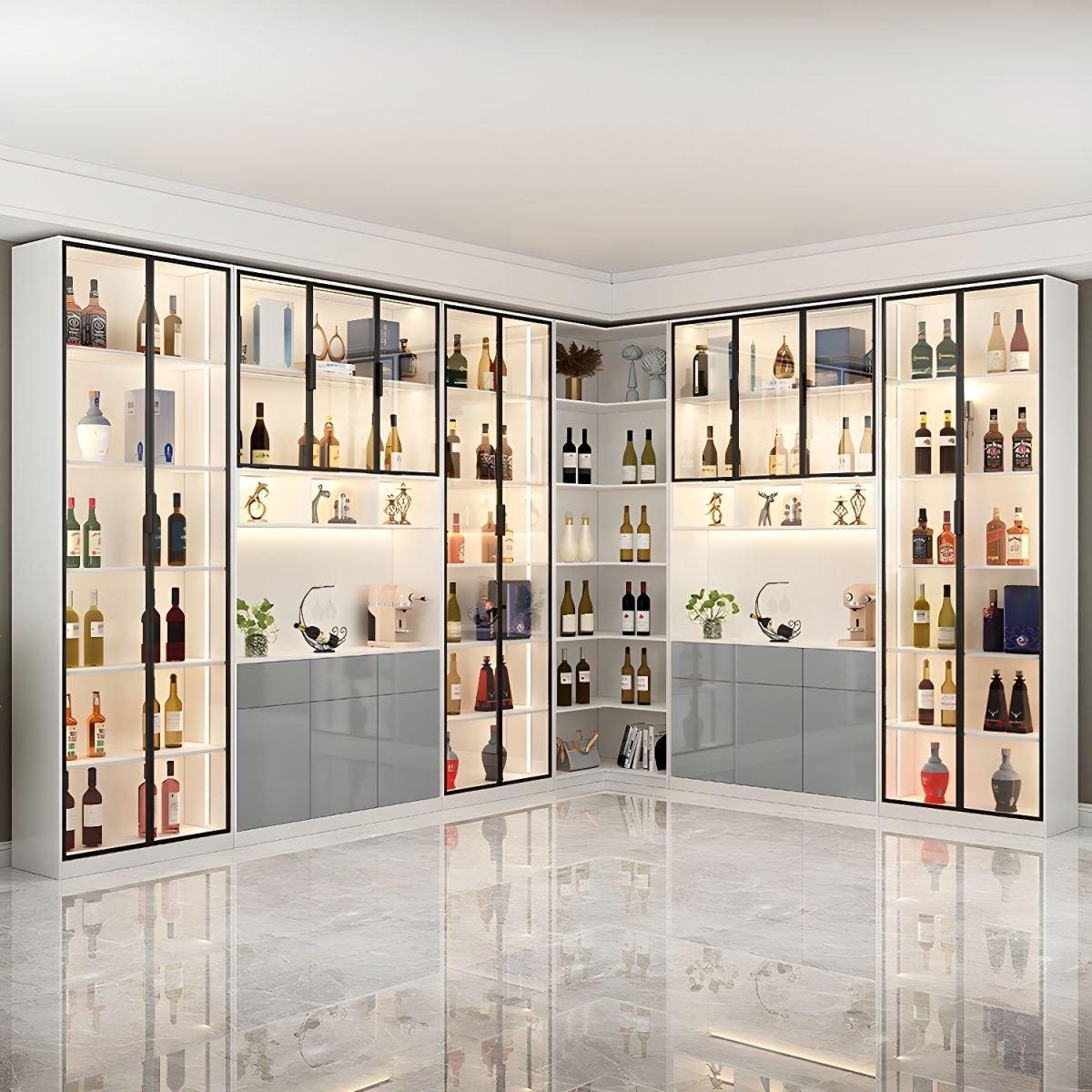 Art Deco Standard Accent Cabinet with 4 Cabinets, 6 Shelves, Glass-panel Door, and Lighting System - Image 5