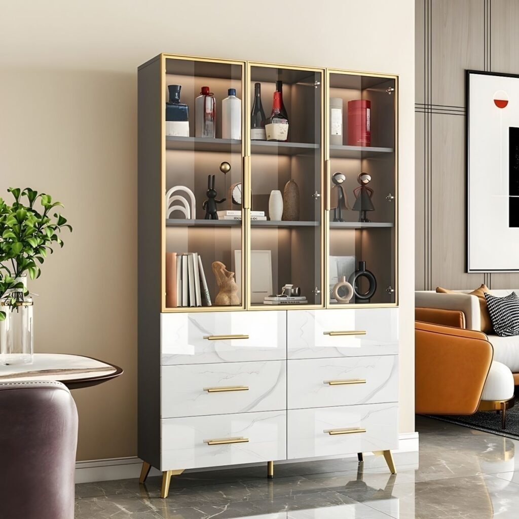 1200x12003 90 Elegant Modern Glass Curio Display Cabinet with Integrated LED and 71-Inch Sophisticated Drawer Storage for Elite Homes
