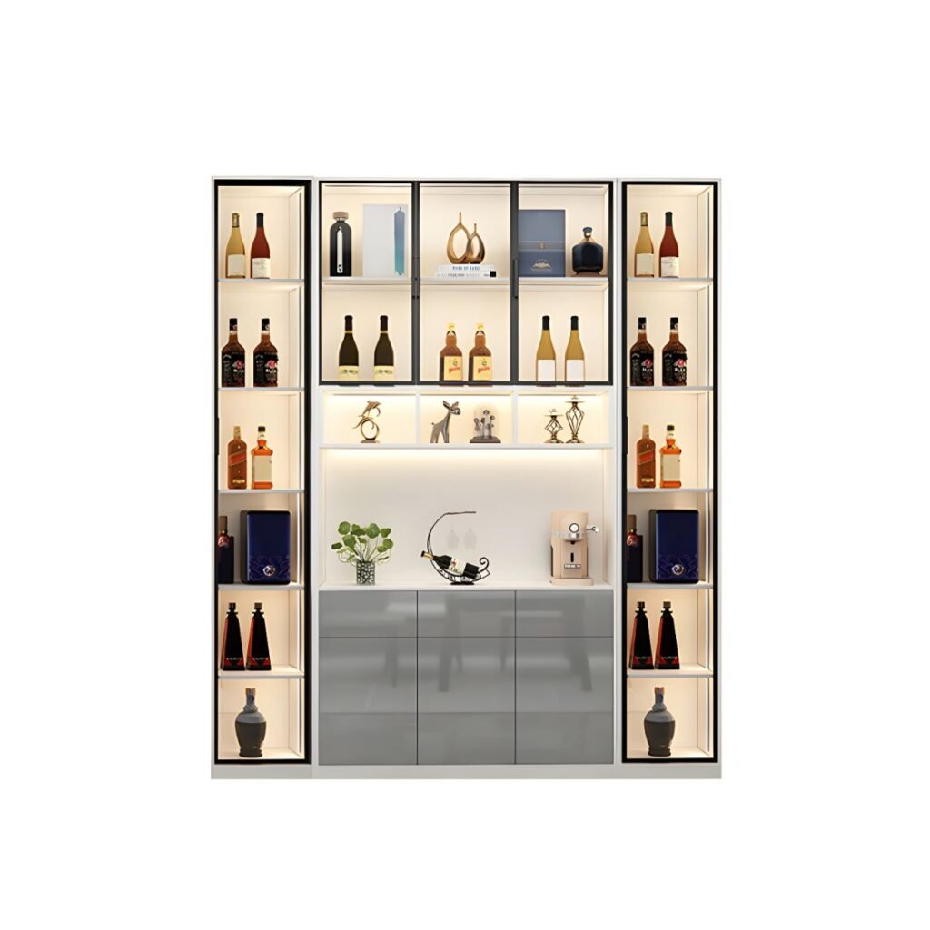 1200x12004 69 Art Deco Standard Accent Cabinet with 4 Cabinets, 6 Shelves, Glass-panel Door, and Lighting System