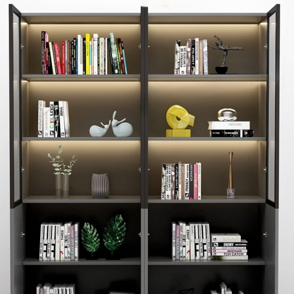 1200x12005 60 Bookcase with Glass Doors Living Room Library Storage Wooden Design Cabinet With Lights Bookshelf