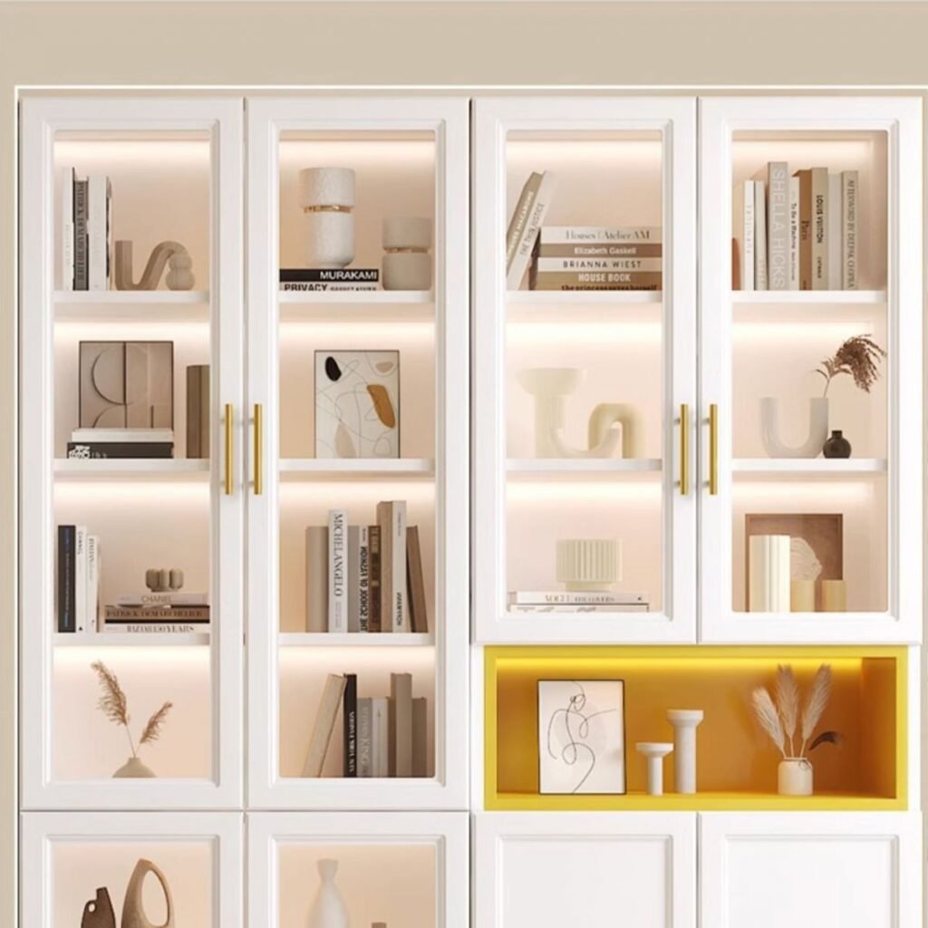 1200x12005 61 Embedded 1/6 Doors Wooden Modern Design 3 Drawers Storage Library Bookcase Living Room Cabinet With Lights Bookshelf