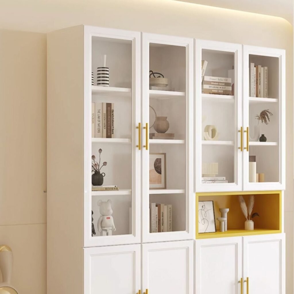 1200x12006 69 Embedded 1/6 Doors Wooden Modern Design 3 Drawers Storage Library Bookcase Living Room Cabinet With Lights Bookshelf