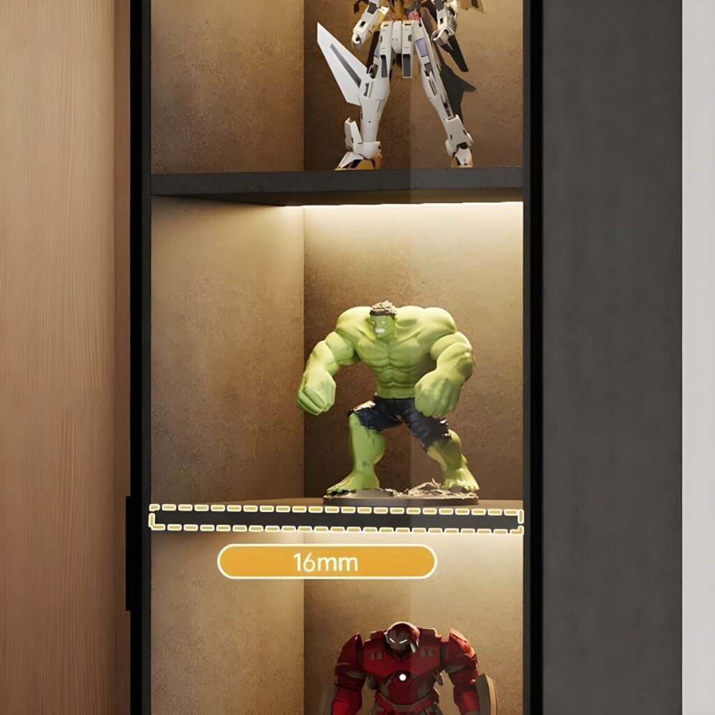 1200x12006 70 Sleek Narrow Action Figure Display Case with 8 Modular Configurations and Vibrant LED Illumination for Collectors