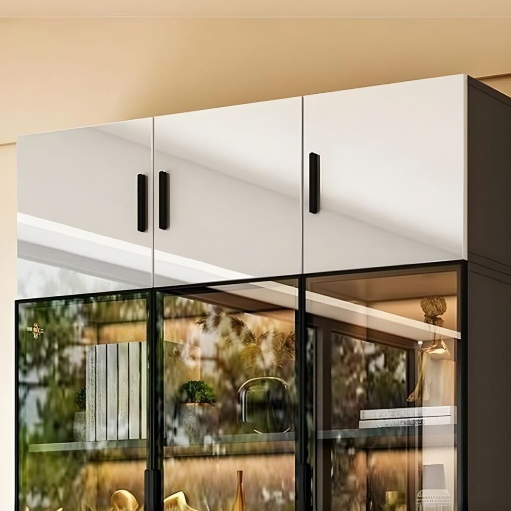 1200x12008 105 Exquisite Modern Bi-Color Glass Showcase with 94.5-Inch Grand Architectural Frame and Sophisticated Soft-Close Hinges