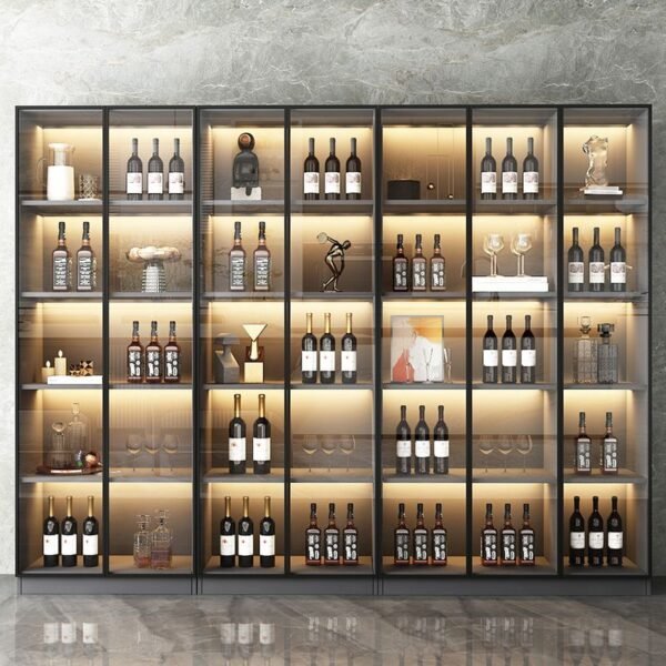 A premium Handle-less Glass Wine Showcase in charcoal grey, featuring a Professional Sommelier Grid Hub with a 16-bottle rack, illuminated glass shelves, and 79-inch high push-to-open seamless doors.
