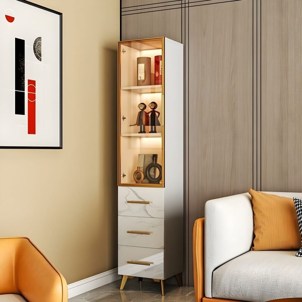 1200x12009 101 Elegant Modern Glass Curio Display Cabinet with Integrated LED and 71-Inch Sophisticated Drawer Storage for Elite Homes