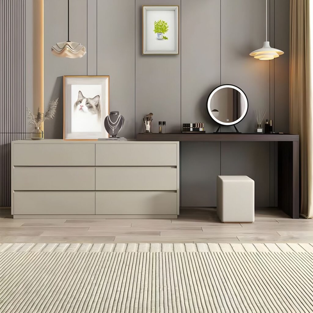 1200x1200 100 Modish Large Makeup Vanity with Reclaimed Wood Table Top, White Seating, 6 Drawers, Scalable and Push-Pull
