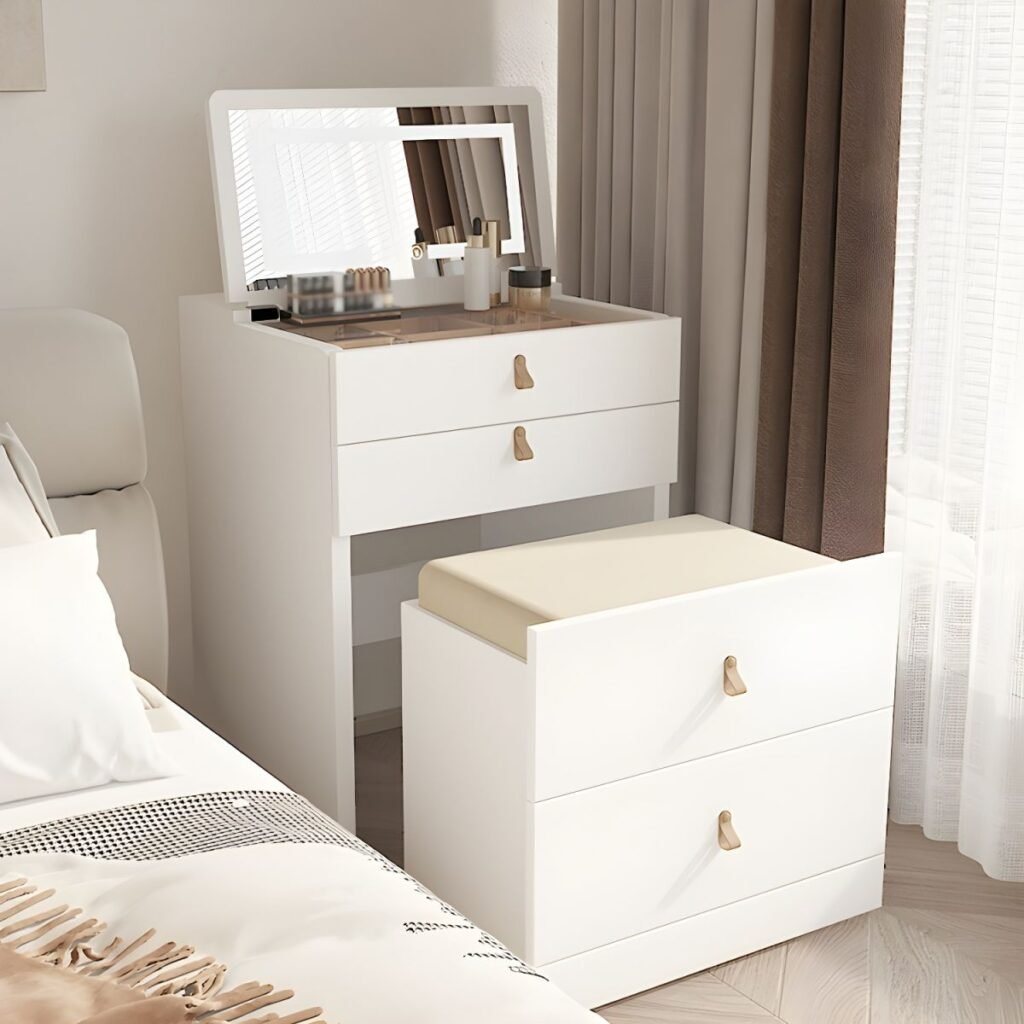 1200x1200 115 White Grey Vanity Desk | Luminous 60cm Chic Set